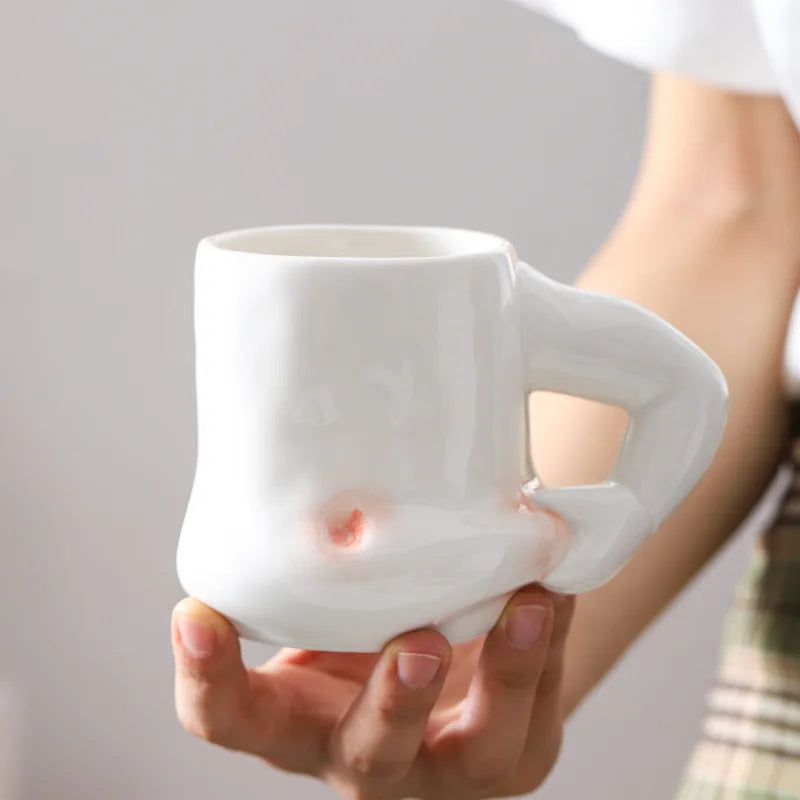 380ML European White Ceramic Coffee Cup Muscle Male Pinch Belly Mug Creative Human Milk Mug Afternoon Camellia Flower Tea Cup