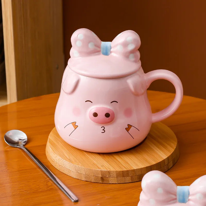 Creative Ceramic Pig Cups Cartoon Coffee Cup Covered Spoon 3D Drinkware Breakfast Milk Mug Afternoon Tea Lover Mugs Couple Gift