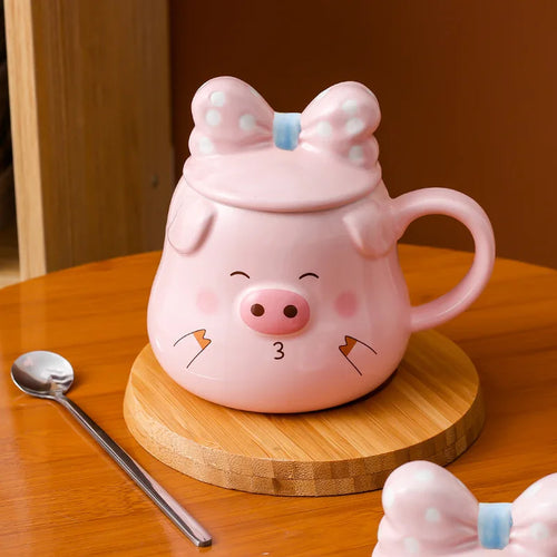 Creative Ceramic Pig Cups Cartoon Coffee Cup Covered Spoon 3D Drinkware Breakfast Milk Mug Afternoon Tea Lover Mugs Couple Gift