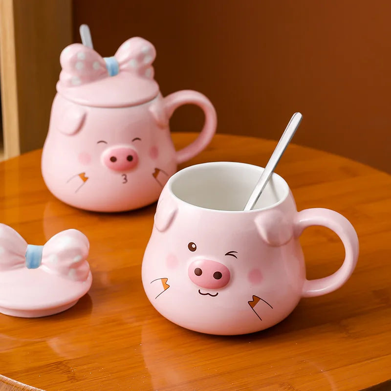 Creative Ceramic Pig Cups Cartoon Coffee Cup Covered Spoon 3D Drinkware Breakfast Milk Mug Afternoon Tea Lover Mugs Couple Gift