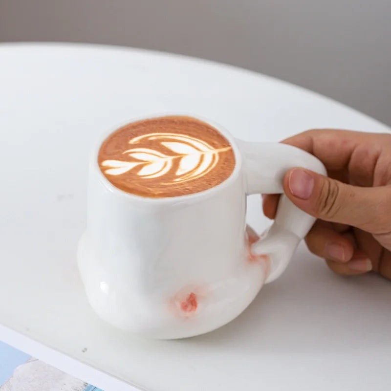 380ML European White Ceramic Coffee Cup Muscle Male Pinch Belly Mug Creative Human Milk Mug Afternoon Camellia Flower Tea Cup